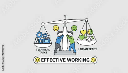Scale balancing technical tasks with human traits to represent the concept of effective working and smart team design.