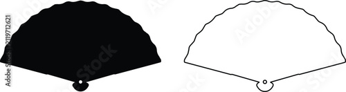 Hand fan silhouette and outline icon. Traditional folding fan vector illustration set.