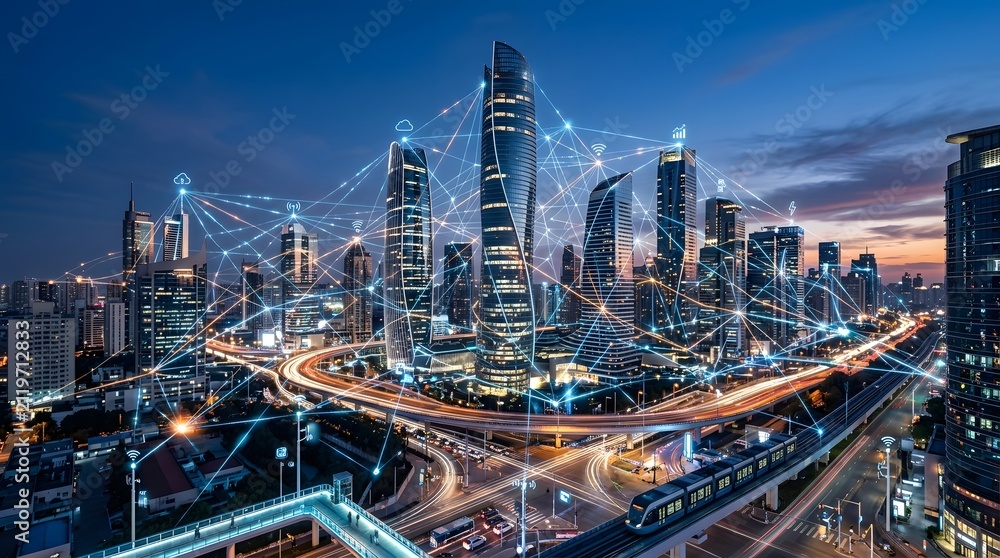 Obraz premium Futuristic smart city network and digital connectivity concept