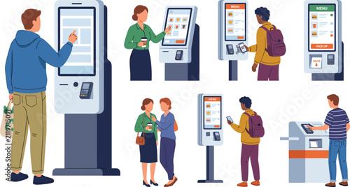 Obraz na płótnie People using self service kiosk machines vector set for ordering fast food and