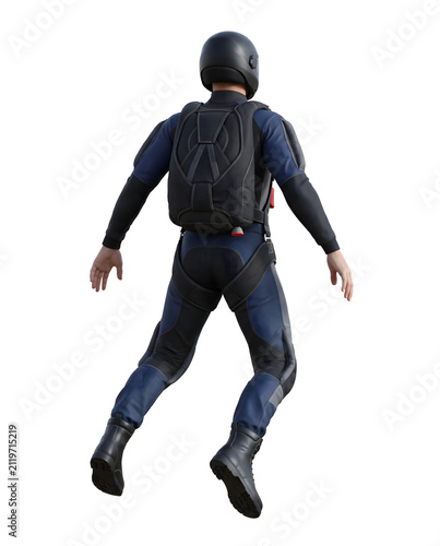 3D Render of a Skydiver in a Jumpsuit Falling on White Background