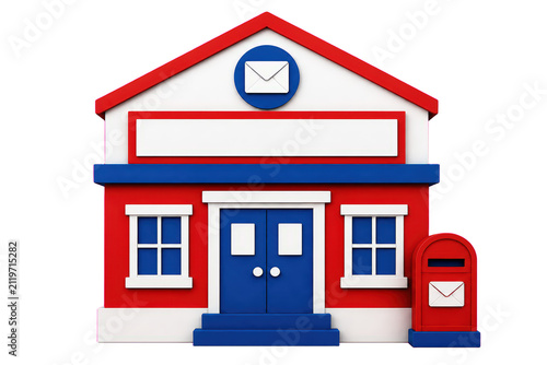 Red white blue post office facade with mailbox