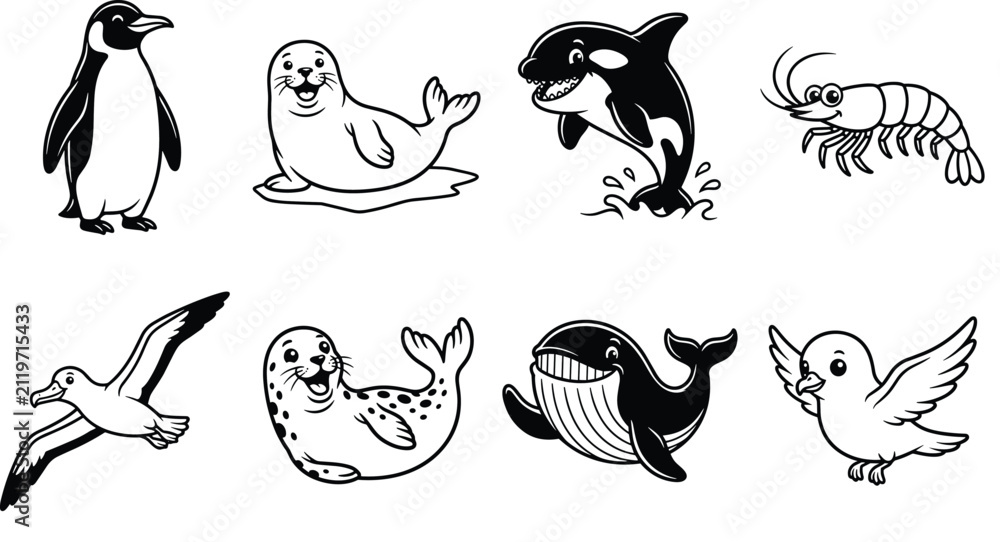 Obraz premium Cute Marine Animal Cartoon Vector Set with Penguin Seal Whale Orca and Seabirds