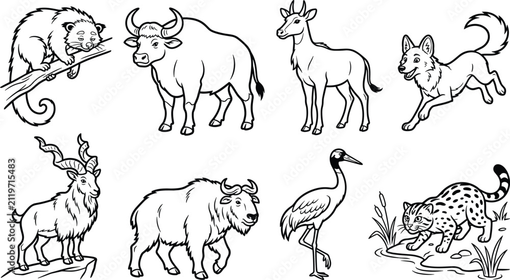 Fototapeta premium Wild Animal Outline Collection Featuring Mammals and Bird Hand Drawn Vector Illustration Set