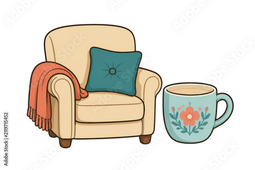 Cozy armchair with cushion and floral mug