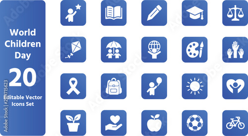 World Children Day Editable Vector Icon Set with Education, Child Rights, School, Health and Kids Symbols