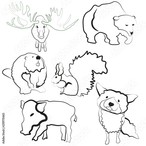Canvas Print Cute forest animals set outline cartoon characters, wild animal line art vector