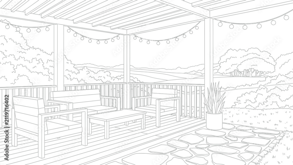 Fototapeta premium Black and white outline drawing of an outdoor patio deck with lounge furniture, string lights, potted plant, and stone pathway.