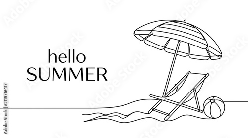 Continuous line drawing of beach scene with umbrella deckchair and ball vacation umbrella monoline