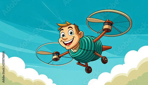 Drone mascot flying with spinning rubbery propellers creating cheerful retro mood generative AI