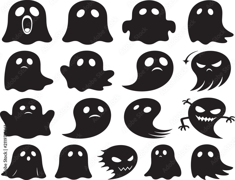 Fototapeta premium Halloween Ghost Character Icon Set Collection Black Silhouette Vector