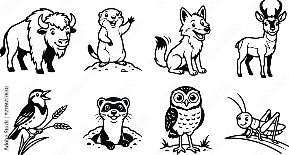 Fototapeta premium Cute Woodland Wildlife Cartoon Vector Set with Bison Fox Deer Owl and Ferret