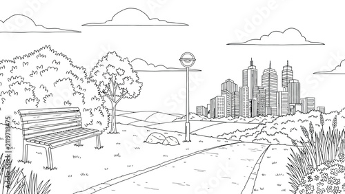 Park landscape coloring book page with wooden bench near green bushes and city skyline view on horizon outdoor scenery for kids and adults creative hobby.