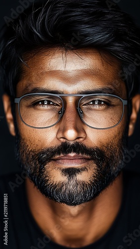 Portrait of a handsome mature Indian man wearing eyeglasses and black turtleneck