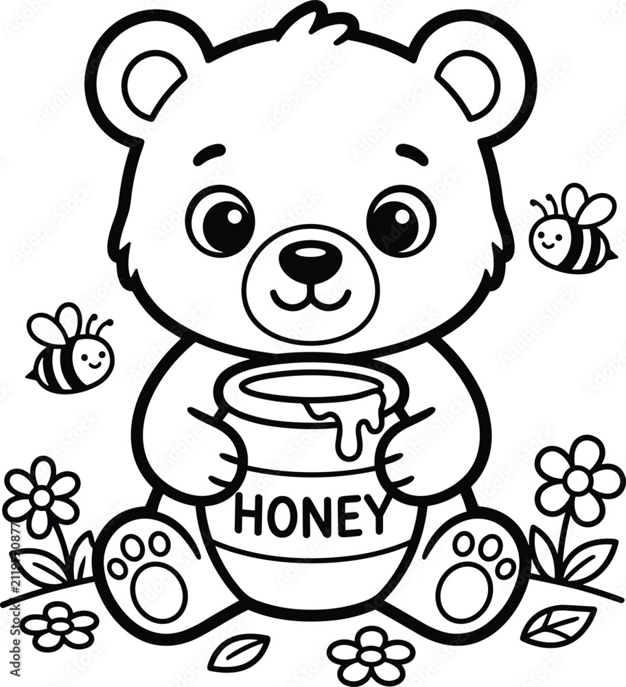 Obraz premium Cute Teddy Bear with Honey Coloring Page Vector Illustration, Cartoon Woodland Animal Outline for Kids Printable Coloring Book Activity