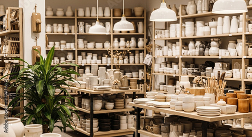 Ceramic pottery store display with various white and brown dishes on wooden shelves and tables inside