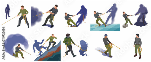 Isometric illustrations of men struggling against shadows, representing mental health, inner demons, and psychological battles