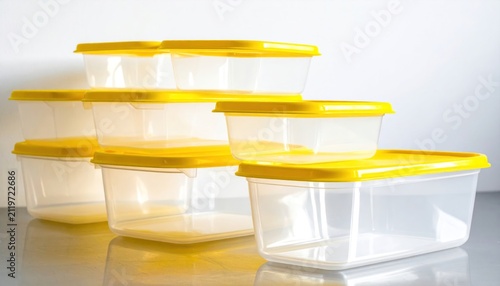Clear Plastic Food Storage Containers with Yellow Lids Stacked.