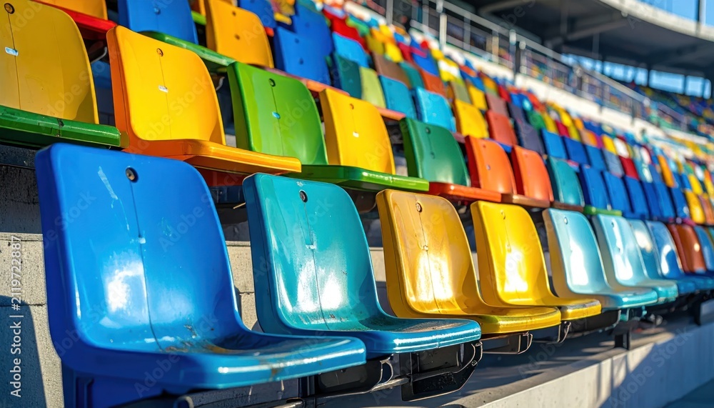 Fototapeta premium Colorful empty stadium seats arranged in rows.