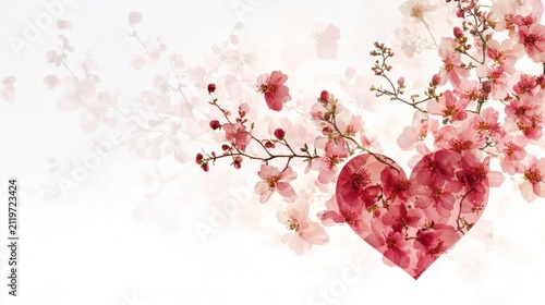 Floral Heart Blossom: Delicate pink blossoms form a heart shape, symbolizing love and spring's gentle awakening, set against a soft, ethereal backdrop.