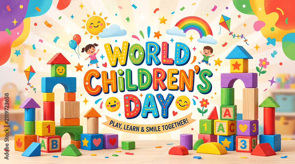 Naklejka premium Colorful toy building blocks displaying festive world children day celebration message decorative graphic design with cheerful illustrations celebrating