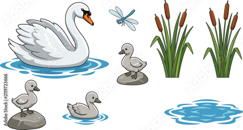 Fotografie Cute cartoon swan pond vector illustration kit featuring a white mute swan grey