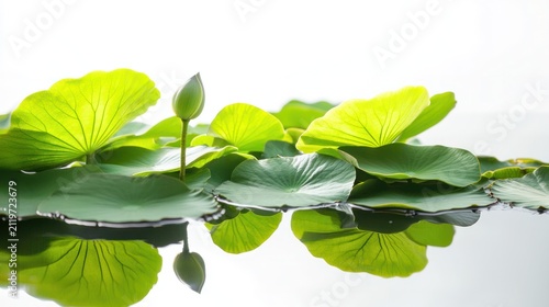 Lotus Bud Emerging from Serene Waters: A single lotus bud, embraced by broad, vibrant green leaves, delicately rises from calm, reflective water, symbolizing purity and new beginnings in a tranquil.