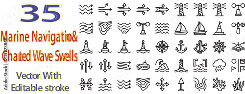 35 marine navigation charted wave swells vector with editable stroke.