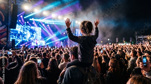 Excited Young Child Enjoying a Large Community Music Festival Concert in a Public Park