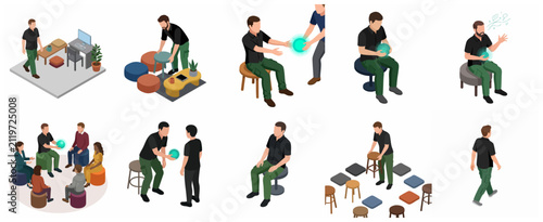Isometric Man Character Set Featuring Office Work Social Interactions and Glowing Energy Ball Concept