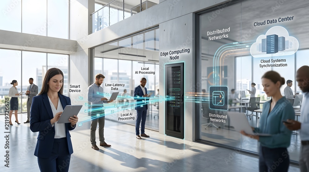 Fototapeta premium Edge computing node and cloud data center synchronization in modern office environment