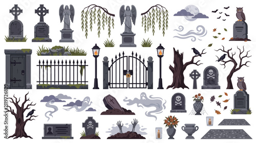 Spooky cemetery graveyard elements set, gothic tombstone and headstone vector icons, halloween cemetery gate and spooky trees collection
