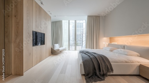 Modern bedroom interior featuring neutral tones and architectural design