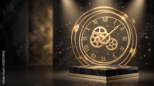 Elegant Golden Clock with Gears on Marble Pedestal under Spotlight for 24 Hour Luxury Concept