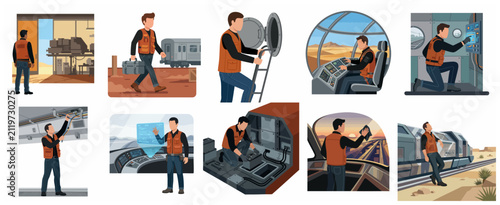 Obraz na plátně Professional technician performing maintenance and operations on modern high-speed trains and maglev systems illustration set