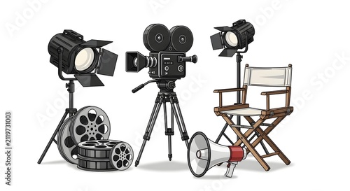Filmmaking equipment set with camera, lights, and chair on white background