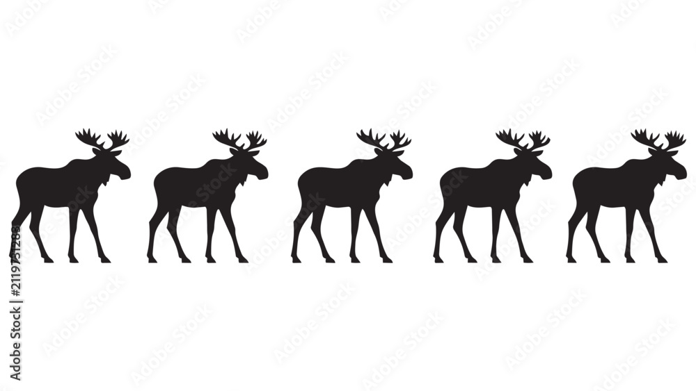 Obraz premium Five Black Moose Silhouettes Walking in a Row - Minimalist Animal Line Art Vector Illustration for Nature Designs, Logos, and Branding