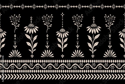 Cream and Black Ethnic Folk Flower Seamless Border. Scandinavian-style botanical ornament and Geometric Nordic Elements for Fabric Trim, Washi Tape, Wallpaper. Bohemian Floral Seamless Border Pattern.