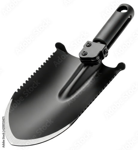 Black folding tactical survival shovel for camping with transparent background