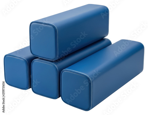 Blue leather bolster cushions stacked for massage or yoga on a transparent background