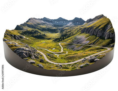 Scenic mountain valley road diorama isolated on a transparent background