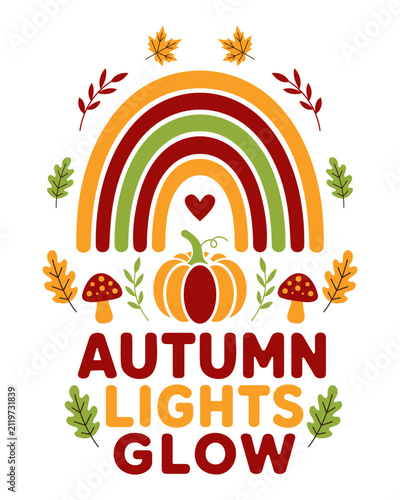 Autumn lights glow decorative fall lettering with pumpkin mushrooms and autumn foliage