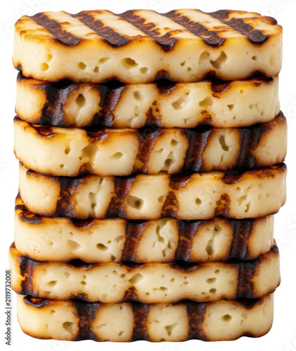 Stack of grilled semi-hard cheese slices with transparent background