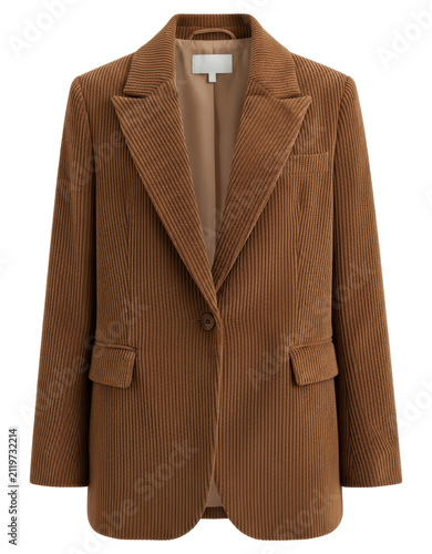 Brown corduroy blazer jacket with lapels and pockets on a transparent backdrop