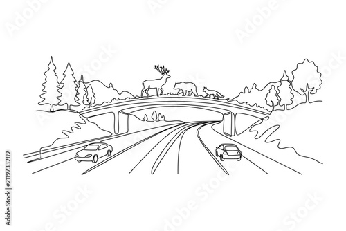 A continuous line drawing of a wildlife crossing bridge over a highway.