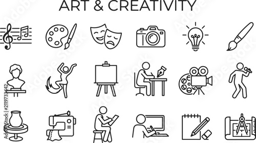 Foto Art and creativity line icons, set of 18 creative hobby vector symbols, artistic