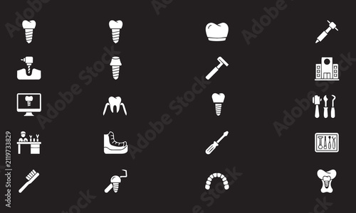 Dental implant procedure and prosthetics vector glyph icons set isolated on dark background