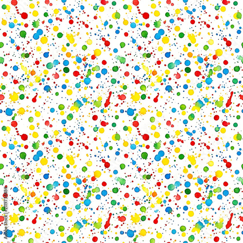 Seamless Playful Watercolor Confetti Dots and Paint Splatters Pattern in Vibrant Rainbow Colors for Kids Party Decor