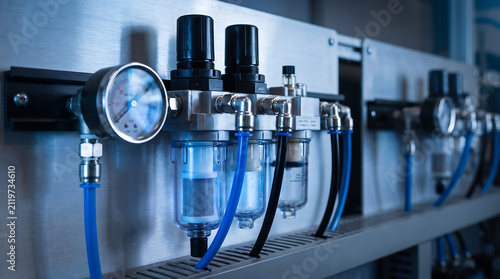 Industrial pneumatic control panel with pressure gauges and filter regulators for automated manufacturing systems and factory process control pneumatic industrial pressure manufacturing