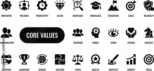 Corporate core values vector icon set with flat business mission vision teamwork ethics and leadership solid black symbols